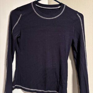 DAZY Top-Stitching Ribbed Knit Tee Long Sleeve Women Navy Top SZ: M